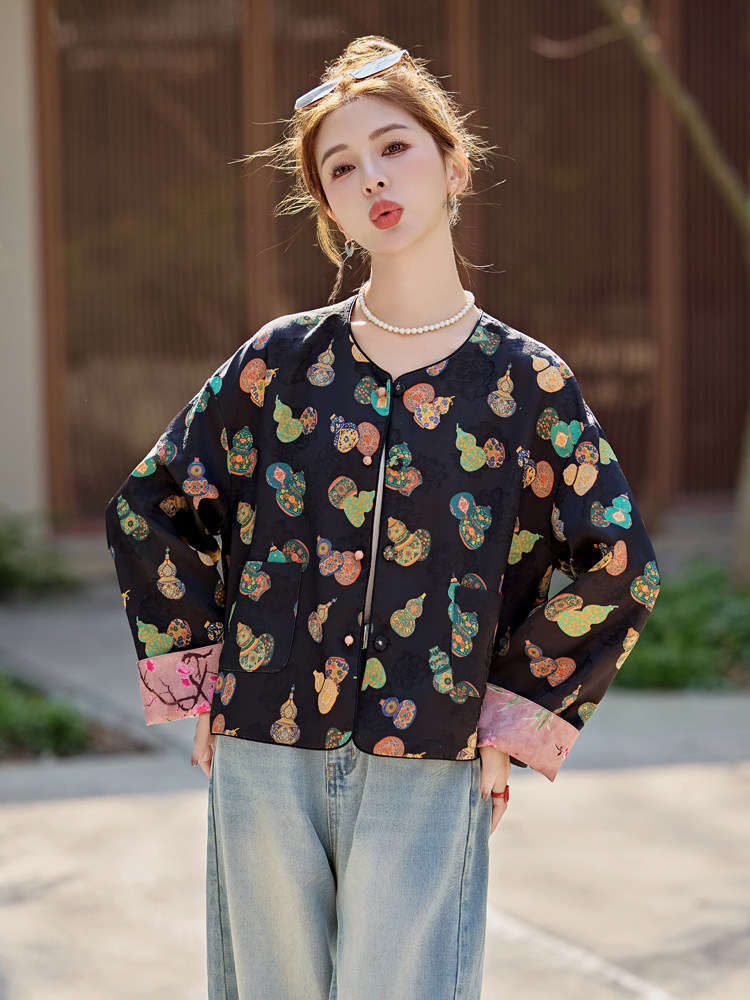 水衣源2713款双面穿奢贵新中式提花料圆领长袖时尚短款外套女,女装短外套,水衣源