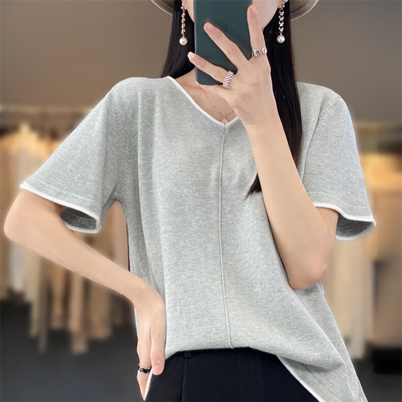 100%纯棉短袖t恤女2024春夏新款v领韩版宽松拼色百搭短款打底上衣,女装T恤,鹿一羊绒