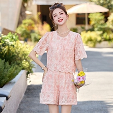 2025夏季新款时尚蕾丝花边拼接套装短裤女，女装套装/套裙，沁沁公主