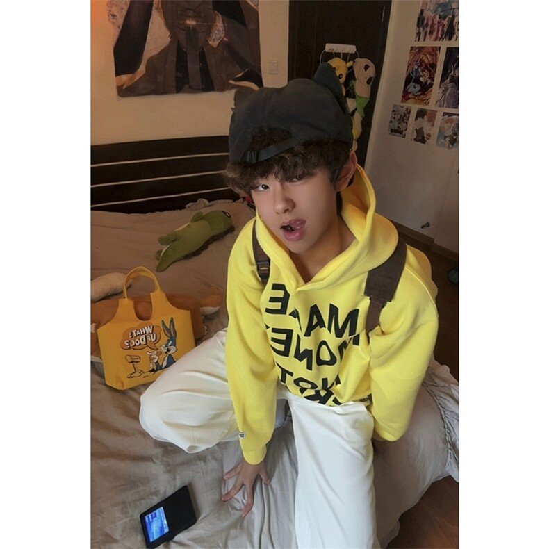 360g重磅华棉卫衣明黄色连帽大字母印花上衣外套W2482-P48,男装卫衣,星座1213