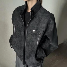 cleanfit蓝色雾面皮衣外套男春秋季扎染短款立领美式复古pu皮夹克，男装皮衣，星座1210-1
