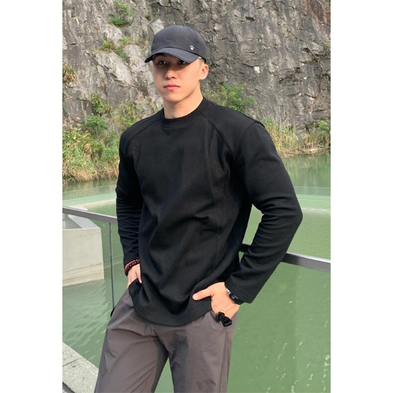 抖音得物高品质美式高街重磅曼巴棉cleanfit螺纹拼接卫衣长袖T恤,男装T恤,电商A486-1