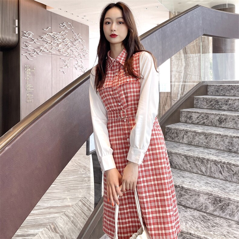 2021春装新款时尚个性假两件格子连衣裙,女装连衣裙,深水步