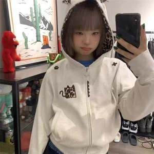 美式复古小恶魔豹纹连帽拉链卫衣男女春秋冬情侣开衫刺绣运动外套图片