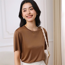 2025夏季新款醋酸缎面圆领套头短袖女士纯色简约气质丝滑透气T恤，女装T恤，伊绒腾羊绒