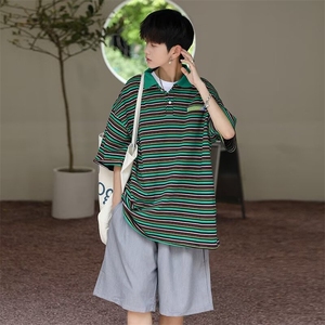夏季男潮流宽松百搭学生短袖T恤上衣P0L0条纹五分袖半  T86图片