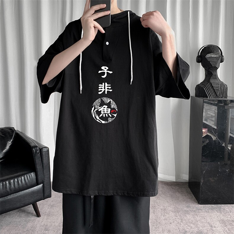 LD54070-P45连帽短袖t恤男大码胖子带帽五分袖中袖,男装T恤,电商A040