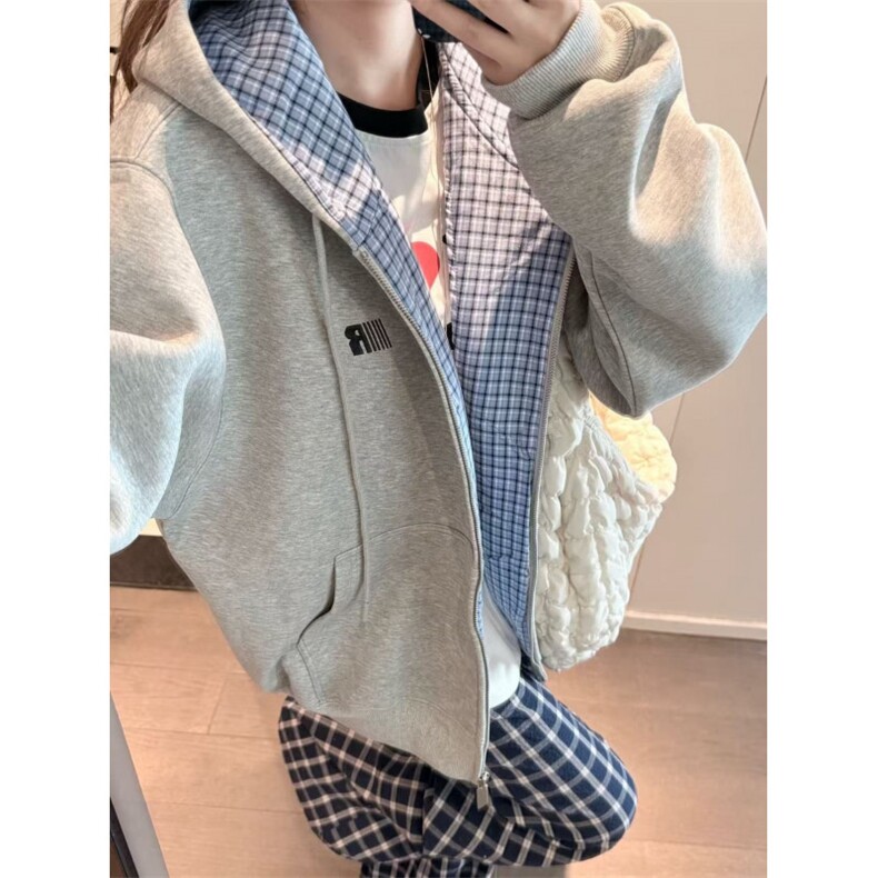 压线刺绣纯棉华棉复格子布千鸟格春秋宽松开衫连帽卫衣男WXA1135,男装卫衣,星座1116A（原606A-3）