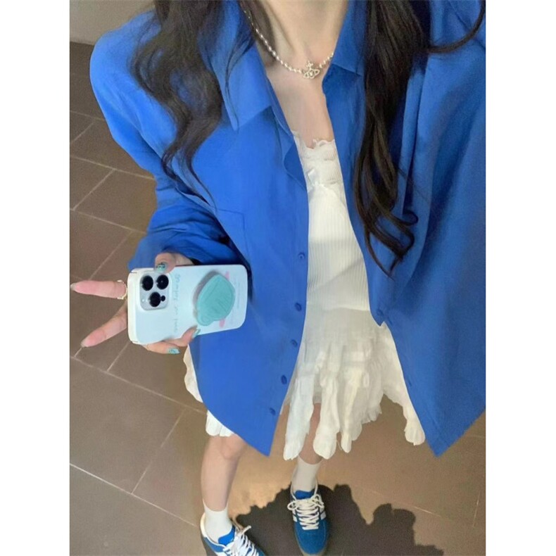 TC1508-P48全棉蓝色衬衫女秋季新款设计感小众外套中长款宽松上衣,女装衬衫,星座617A-2