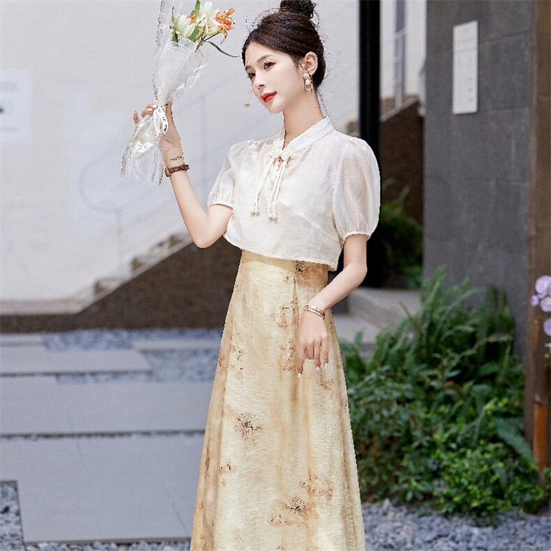 新中式国风半身裙女夏季新款时尚气质冰丝碎花连衣裙子,女装连衣裙,蝶眷