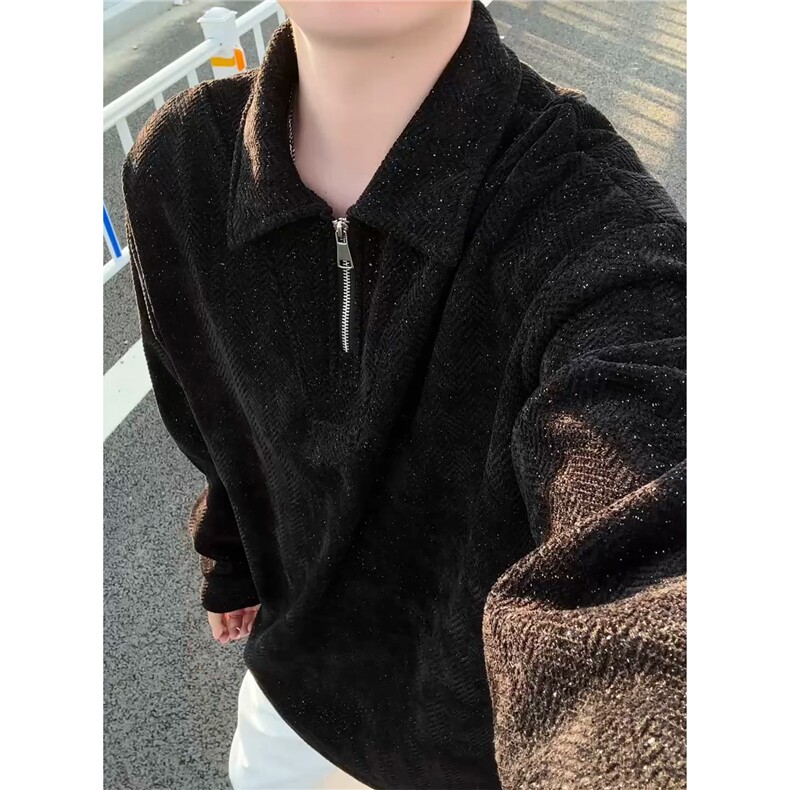 雪尼尔满天星半拉链翻领卫衣大码高级Polo衫外套LW610特P50加绒60,男装Polo衫,电商B215