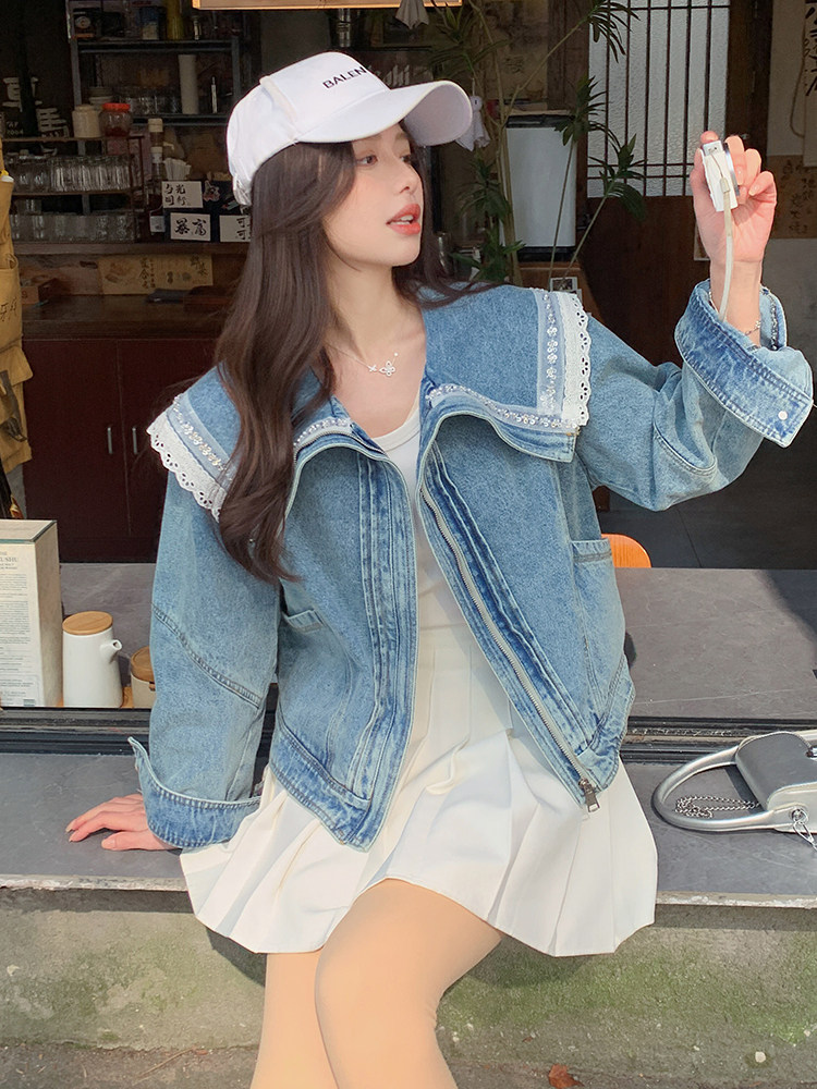 港风甜美蕾丝拼接牛仔外套女小个子2025春季新款短款钉珠翻领上衣,女装牛仔外套,蝶眷