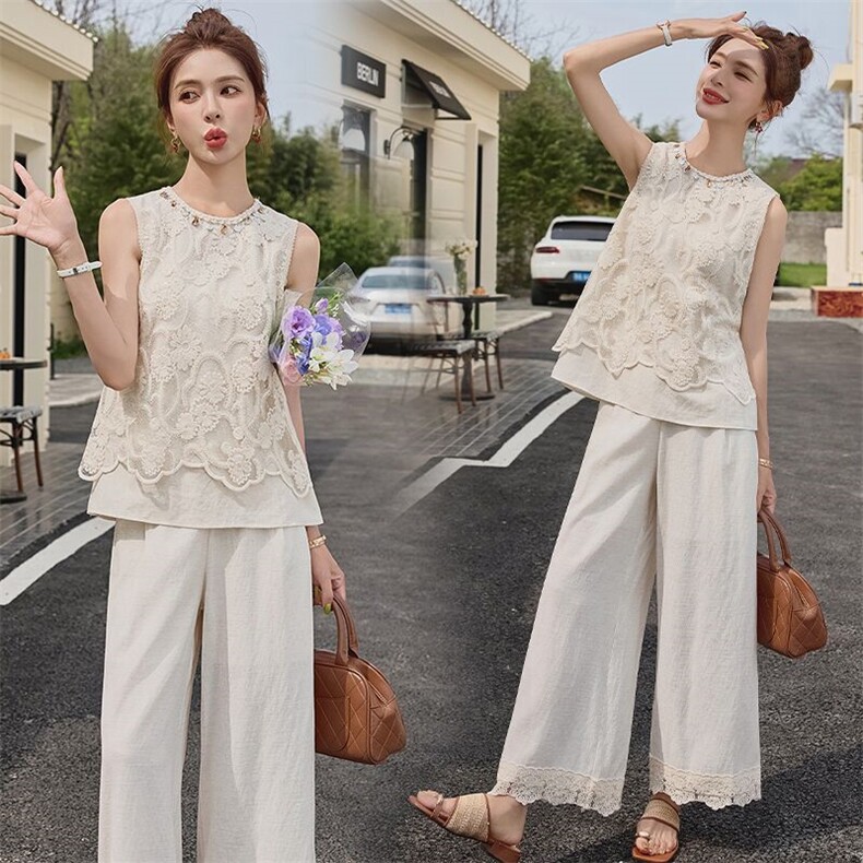 米白色蕾丝无袖上衣阔腿裤两件套女夏季巨好看超火大方得体一整套，女装套装/套裙，时尚风爆