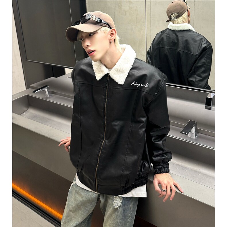 美式黑色长袖皮衣夹克男士外套冬季加绒超好看宽松机车外套男P128,男装夹克,电商C307