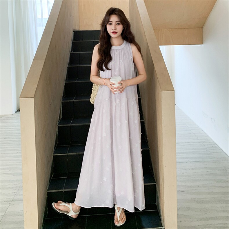 清纯系松弛感浅紫色无袖背心连衣裙女夏慵懒独特绝美度假连身长裙,女装连衣裙,浙宝305