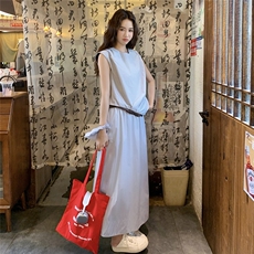 休闲减龄工装无袖半身裙套装女夏2025新款两件套慵懒风韩系高级感，女装套装/套裙，2C166