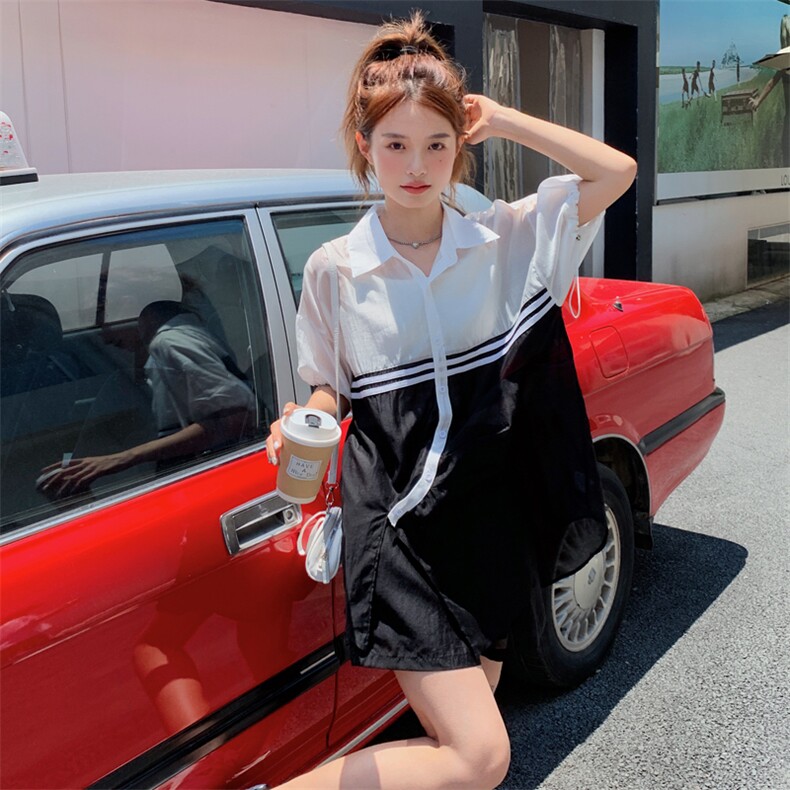 设计感轻薄撞色时尚防晒套装2025新款女夏宽松短袖衬衫短裤两件套,商品下架区,帛香坊
