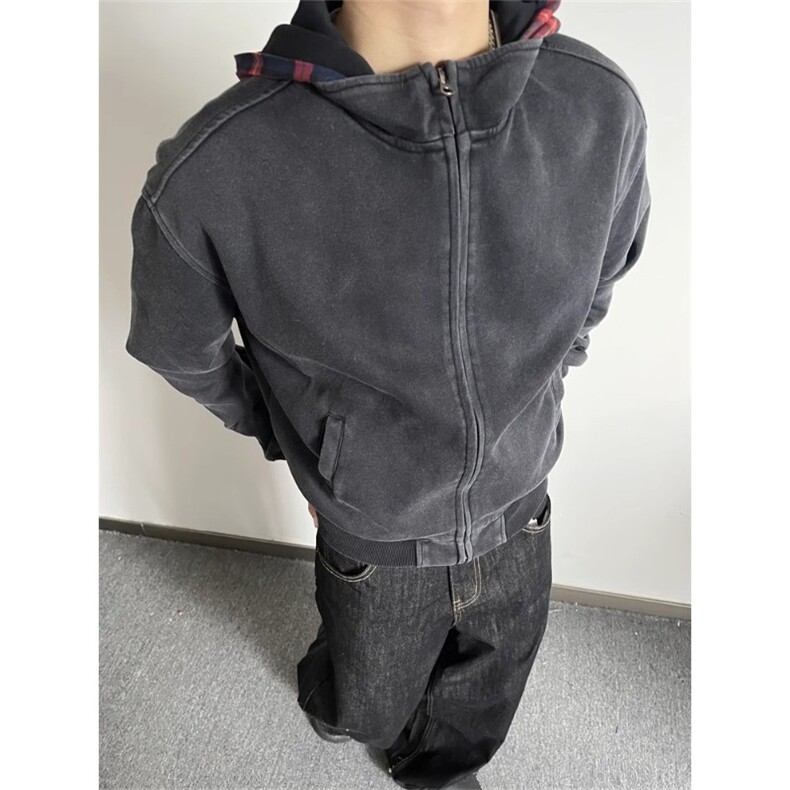 格子拼接连帽卫衣男女款潮牌美假两件开衫cleanfit外套，女装短外套，星座410-7