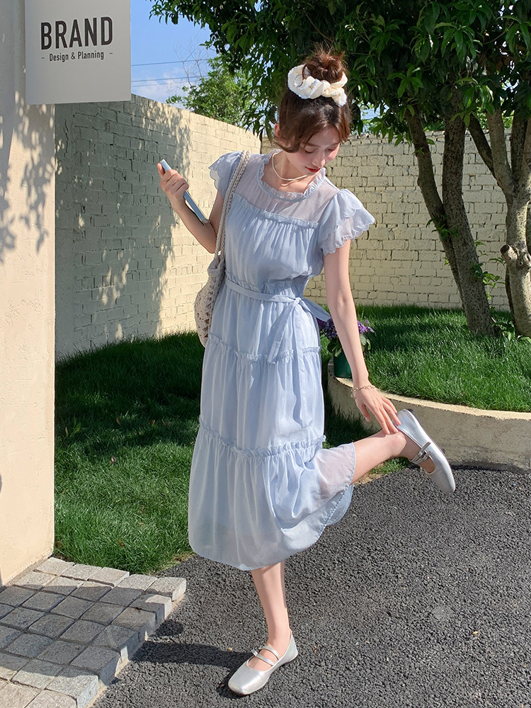 蓝色漂亮绝美飞飞袖天丝连衣裙女夏超仙法式清冷感气质度假风长裙,女装连衣裙,欣美人