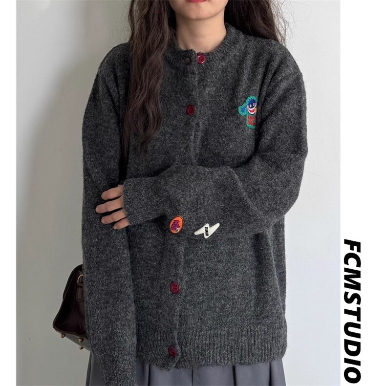 秋冬穿搭美式撞色纽扣复古卡通刺绣圆领长袖针织开衫男女毛衣外套,男装针织衫/毛衣,星座516A