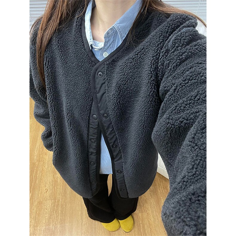 高品 U家秋冬防风仿羊羔绒摇粒绒圆领宽松开衫外套男女 A1183-P75图片