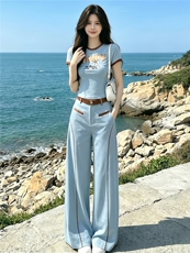 松弛感时尚减龄套装女夏季新款圆领印花短袖上衣阔腿长裤两件套潮，女装套装/套裙，江南
