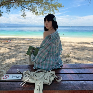 ROY11 海滩日记 复古蓝珍珠格子长袖衬衫慵懒感防晒开衫外套上衣图片