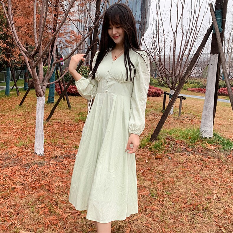 现货2024年春季新款女时尚淑女V领修身网红中长款连衣裙,女装连衣裙,煊芮熙