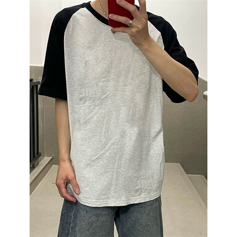 抖音得物高品质二开240克宽松纯棉美式潮牌插肩袖拼接短袖T恤图片