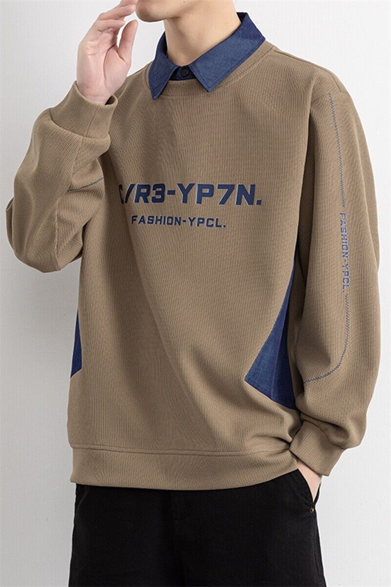 W25213-特P50春季休闲时尚卫衣男长袖打底衫衬衫领假两件外套,男装卫衣,电商D310B