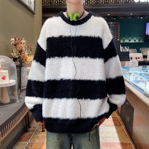 B297 P58黑白条纹马海毛毛衣男情侣针织衫图片