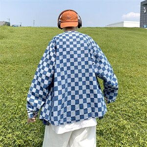 22秋冬港风大码棒球服长袖夹克上衣外穿格子牛仔衣外套潮 F17/P65图片