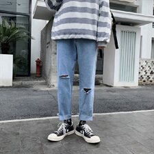 N21P50春夏韩版ins休闲破洞九分牛仔裤百搭宽松直筒阔腿裤子，男装牛仔裤，电商D321A