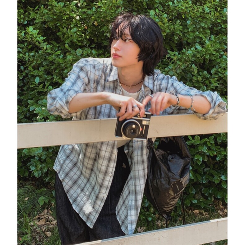 美式慵懒宽松格子长袖衬衫男新款百搭休闲衬衣潮828P50，男装衬衫，星座710