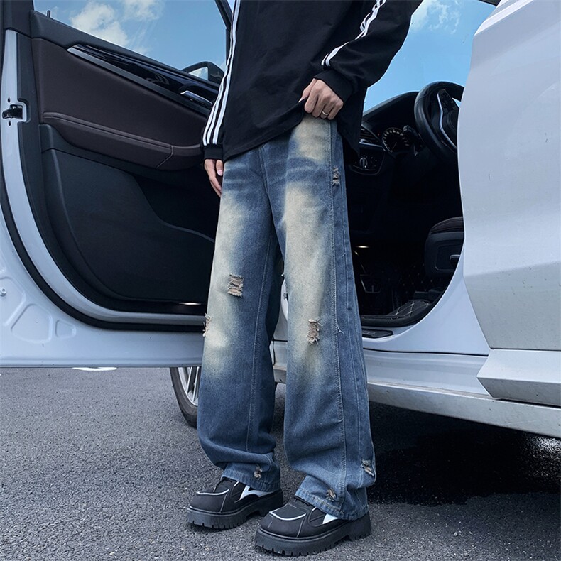 得物品质秋男破洞牛仔裤渐变色弯刀宽松长裤NK7058P48,男装牛仔裤,星座1013-1