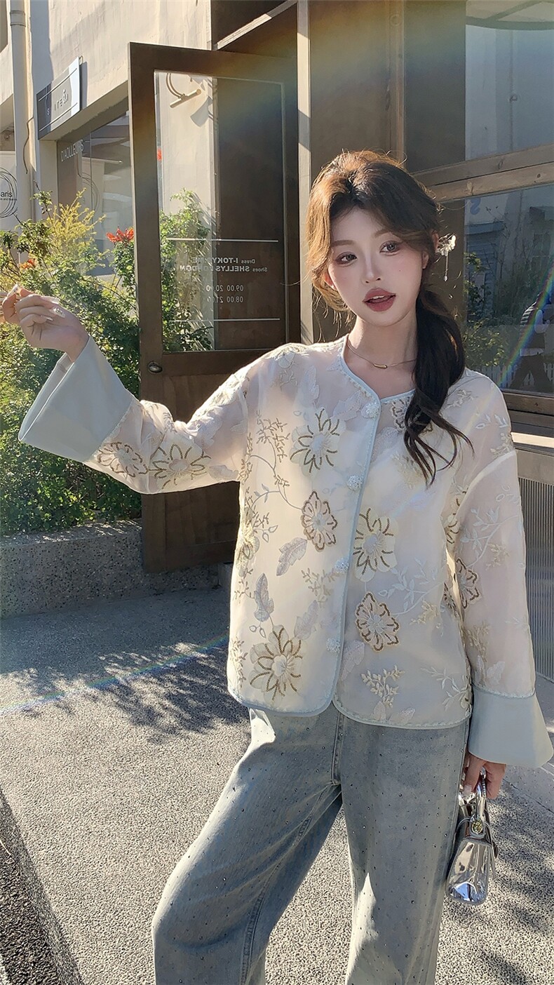 新中式提花刺绣欧根纱防晒外套女2025春夏新款高端洋气设计感开衫,女装短外套,浙宝208A