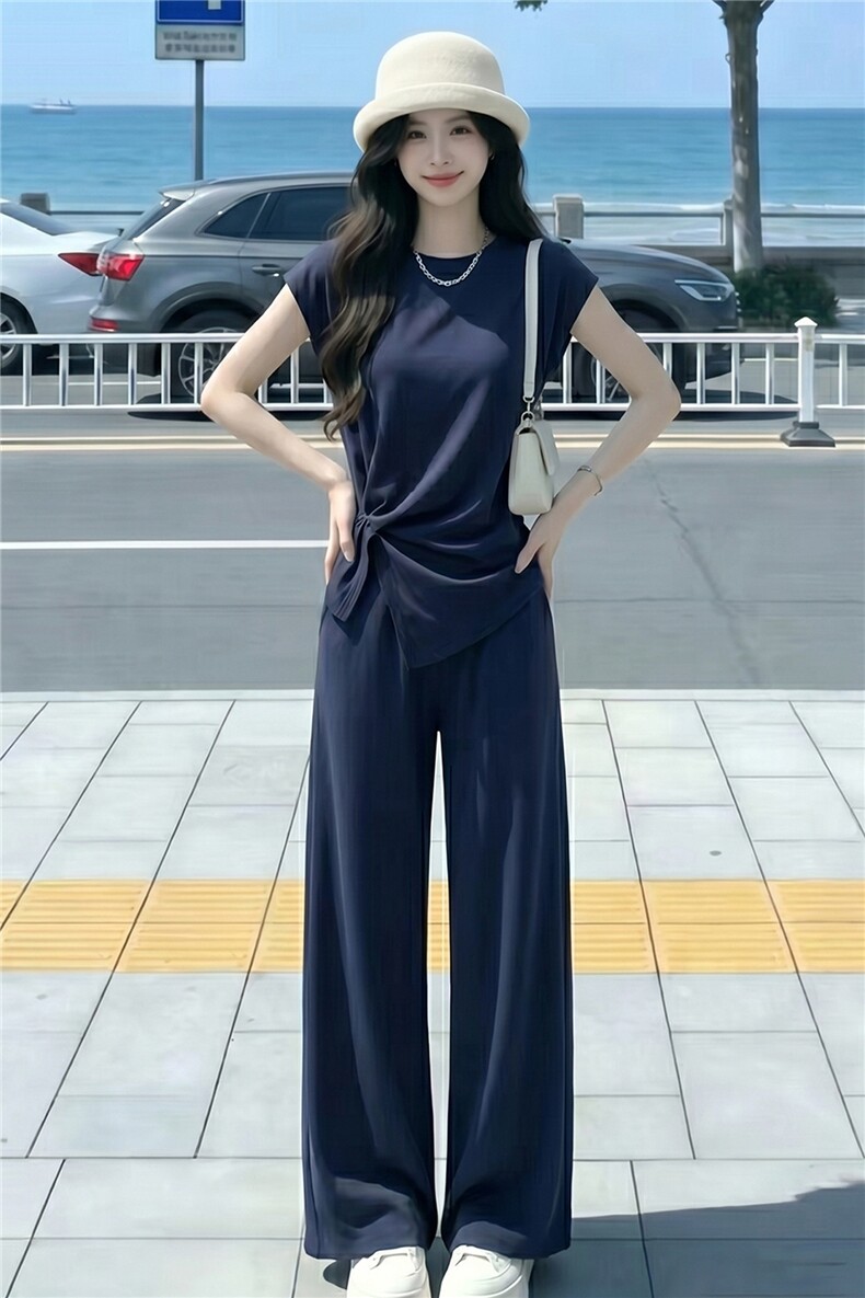 设计感时尚气质套装女夏季款圆领褶皱开叉短袖上衣阔腿长裤两件套,女装套装/套裙,江南
