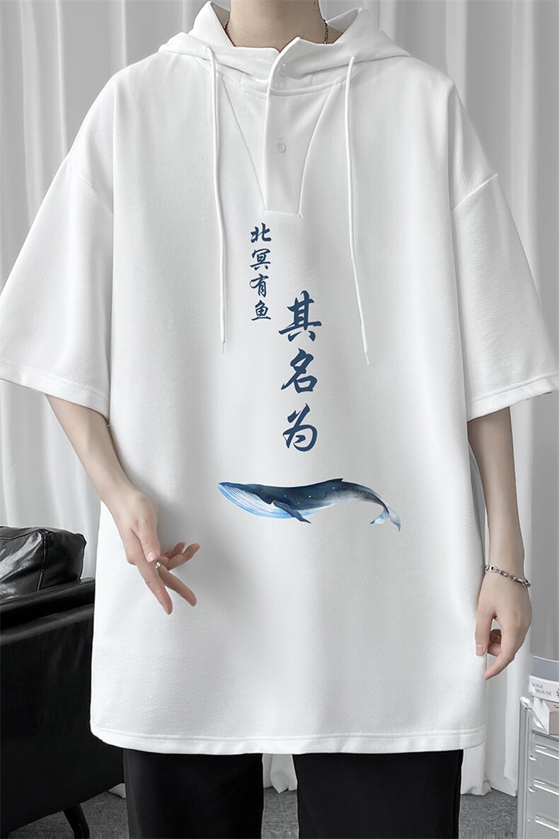 LD54261-P45连帽短袖t恤男大码胖子带帽五分袖中袖,男装T恤,电商A040