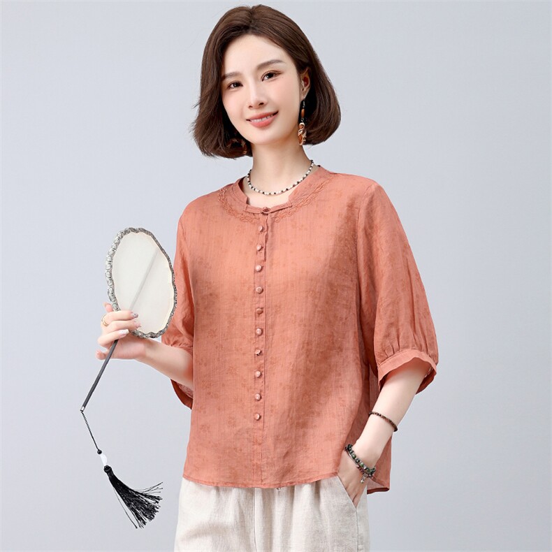 纯苎麻刺绣衬衫女夏季2025新款中年妈妈宽松洋气休闲减龄半袖上衣,女装衬衫,独衣靓