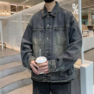 复古高级感牛仔外套男春秋季美式高街宽松休闲夹克潮牌上衣服图片