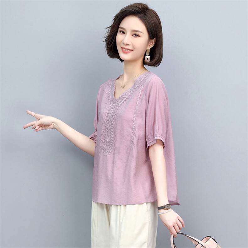 2022夏季新款V领宽松妈妈棉麻风小衫短袖t恤女上衣,女装T恤,忆绮罗