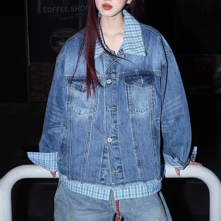 秋冬季新款蓝白格子撞色翻领假两件宽松牛仔夹克男女外套JKC311图片