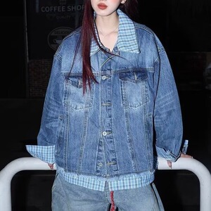 秋冬季新款蓝白格子撞色翻领假两件宽松牛仔夹克男女外套JKC311图片