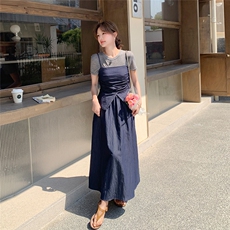 2025夏季新款韩版时尚短款小背心显瘦短袖长款假两件连衣裙，女装连衣裙，浙宝220