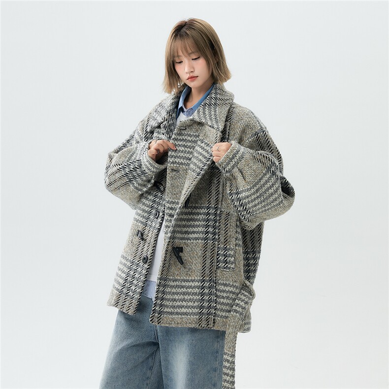 羊毛呢子加棉加厚棉衣宽松格子设计感翻领棉服A170-N62-P158图片