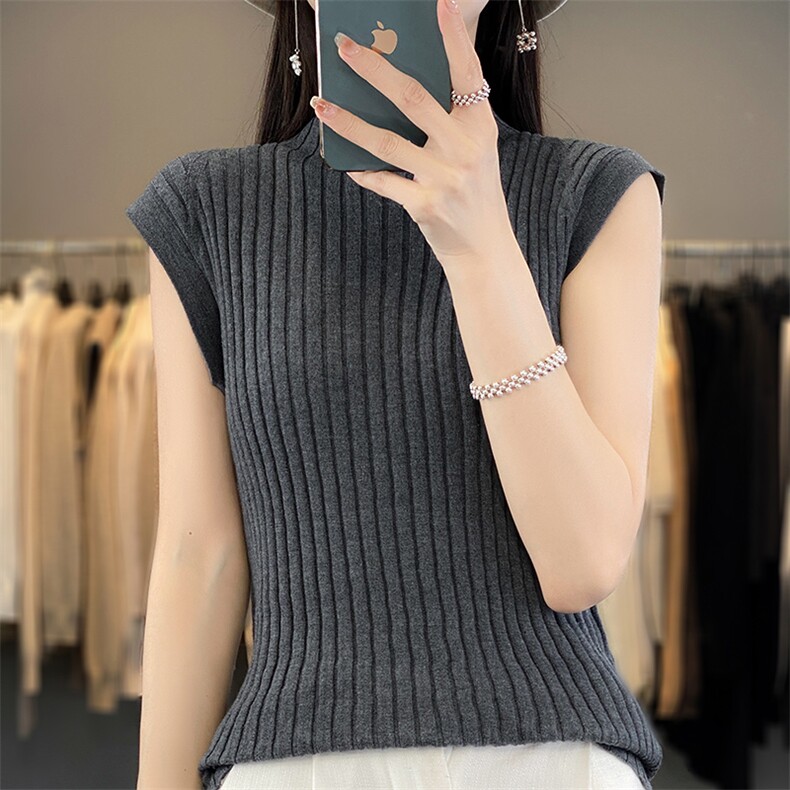 春夏薄款宽松套头女半高领针织衫精纺羊毛内搭无袖背心百搭打底衫,女装羊毛衫,朝贺羊绒