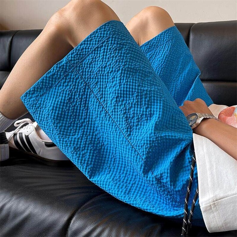 特批P15无差价2025夏季美式复古泡泡纱大码五分短裤中性风DK5860，男装牛仔裤，电商A001-1