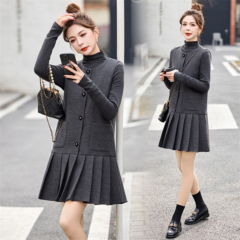 小香风气质背心百褶裙打底两件套女2025春秋新款时尚减龄套装裙子，女装套装/套裙，流量+