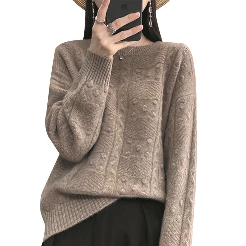 2025秋冬新款100%纯羊毛衫女圆领提花加厚毛衣宽松羊绒针织打底衫,针织衫/毛衣,萱芳婷羊绒