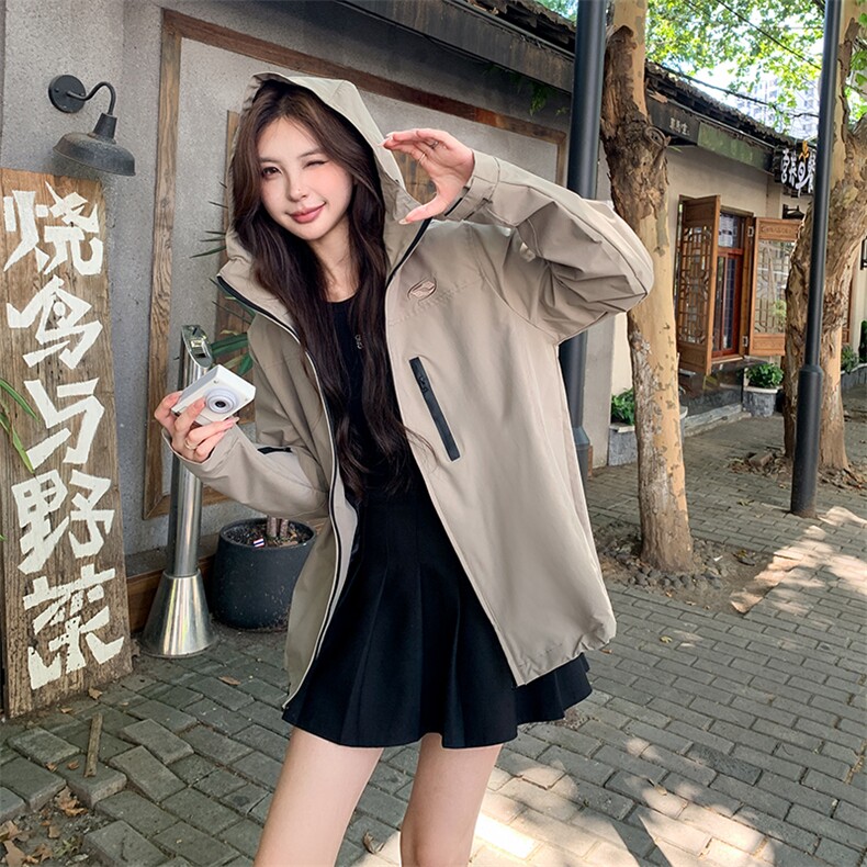 美式工装风冲锋衣女2024春秋款户外运动休闲时尚夹克复古百搭外套,女装风衣,浙宝281